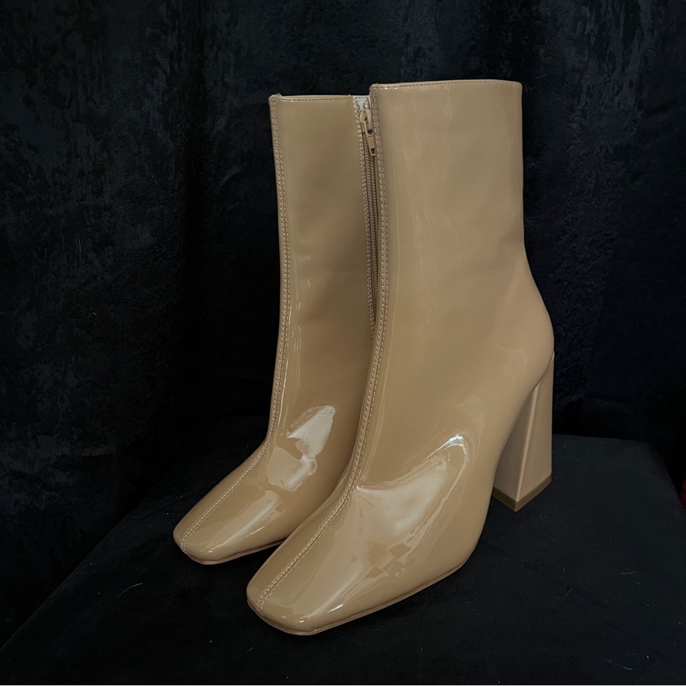 Tan Mid-Calf Heeled Boots with Square Toe